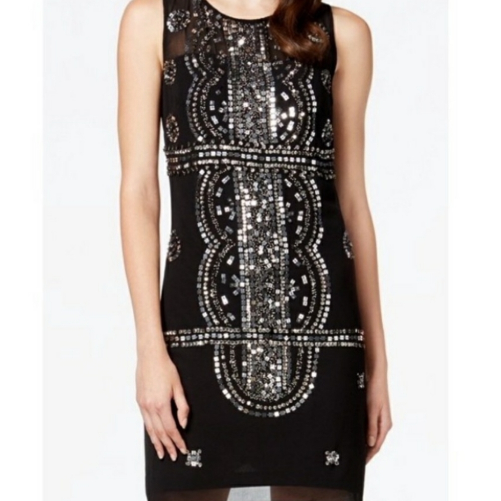 Adrianna Papell Black Mosaic Beaded Shift Dress, 4